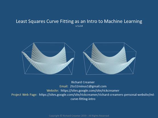 Title slide in slide deck with topic "Least Squares Curve Fitting as an Intro to Machine Learning." Authored by Richard Creamer.