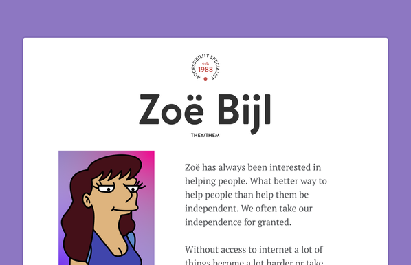 design for my personal website, purple background, white content area, my name in bold letters, underneath some filler text and a Futurama style self portrait