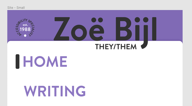 small purple header with my name in big black letters, the J overhangs the white of the content body.