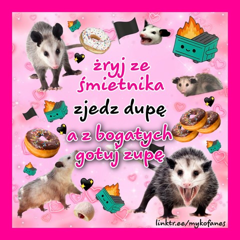 Possums, cute burning dumpsters, black flags, donuts on pink hearty glitter background  with text "Eat thrash, eat ass, eat the upper class"