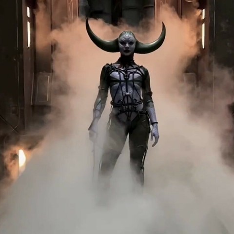 A purple alien woman with huge devil horns stands aggressively in an alien mist as she gets off a space ship.