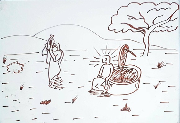 In a rural landscape Jesus sits on a well while a woman with a water jug walks towards the well.