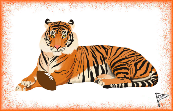 orange tiger with a football, ready to score some touchdowns!