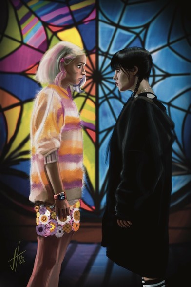Wednesday Addams and Enid stand face to face in front of their dorm room window