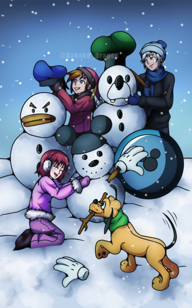 With the help of Pluto, Kairi, Sora, and Riku build snowmen that look like Mickey, Donald, and Goofy!