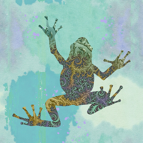 calm soothing teal green and gold watercolor fractal fusion artwork by artist Shelli Fitzpatrick featuring a silhouette of a cute climbing treefrog filled in with an ornate fractal with spirals and a shiny gloss texture and the background is a grungy watercolor splash in pale shades of blue and green and purple splats the bring out the purple highlights on the frog.