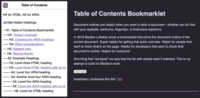table of contents bookmarklet prints a list of headings, both html and aria, an option to hide hidden headings is turned on