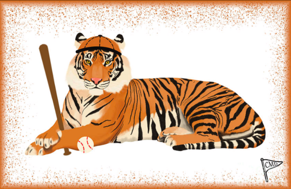 Our tiger mascot is playing baseball, holding a bat with a baseball near the paws.