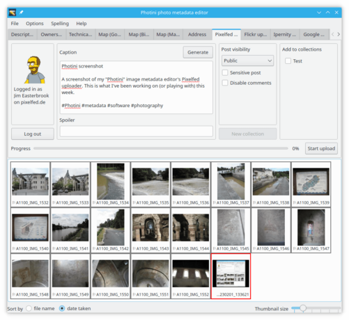 A screenshot of a computer program called Photini. The lower half shows thumbnails of an array of image files, the upper half shows details of the Pixelfed user and widgets to set a caption and other options before posting to Pixelfed.