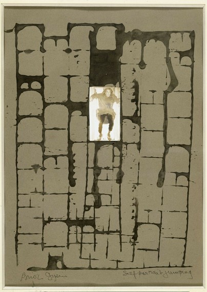 Brion Gysin’s 1974 artwork ‘Self-Portrait Jumping,’ which is made up of a series of rolling grids and a photo in the center of the artist caught mid-jump.