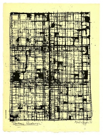 Brion Gysin’s 1971 artwork “Electronic Revolution,” which is made up of a complex arrangement of rolling grids.