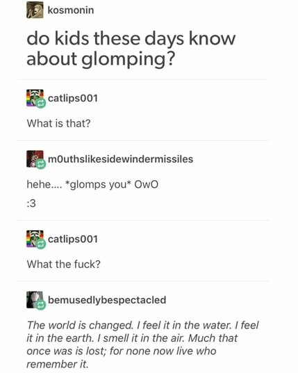 kosmonin: do kids these days know about glomping? 

gcatlipsom: What is that? m0uths|ikesidewindermissiles: hehe.... *glomps you* OwO :3

catlipsom: What the fuck?

bemusedlybespectacled: The world is changed. I feel it in the water. I feel it in the earth. I smell it in the air. Much that once was is lost; for none now live who remember it.