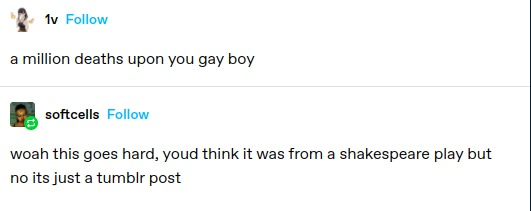 1v: a million deaths upon you gay boy
softcells: woah this goes hard, you'd think this was from a Shakespeare play but no its just a tumblr post