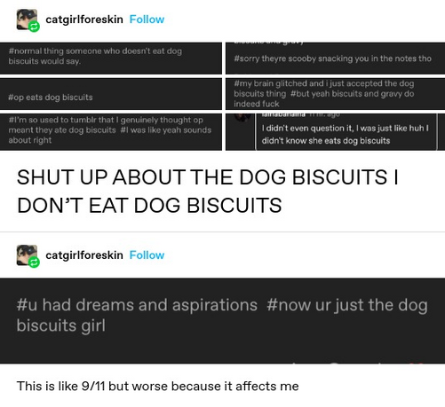 catgirlforeskin: 
Screenshotted tags:
normal thing someone who doesn't eat dog biscuits would say
op eats dog biscuits
i'm so used to tumblr that i genuinely thought op meant they ate dog biscuits i was like yeah that sounds about right
sorry theyre scooby snacking you in the notes
SHUT UP ABOUT THE DOG BISCUITS | DON’T EAT DOG BISCUITS

catgirlforeskin:

Screenshotted reply #u had dreams and aspirations #now ur just the dog biscuits girl

This is like 9/11 but worse because it affects me