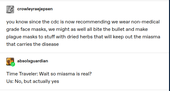 crowleyraejepsen: you know since the cdc is now recommending we wear non-medical grade face masks, we might as well all bite the bullet and make plague masks to stuff with dried herbs that will keep out the miasma that carries the disease

absolxguardian:

Time Traveler: Wait so miasma is real?

Us: No, but actually yes
