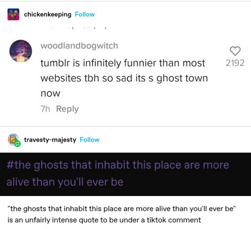 chickenkeeping:  Screenshot of a tiktok comment: tumblr is infinitely funnier than most websites tbh so sad its s ghost town now 
travesty-majesty: Screenshotted tag: the ghosts that inhabit this place are more alive than you'll ever be 

"the ghosts that inhabit this place are more alive than you'll ever be" is an unfairly intense quote to be under a tiktok comment