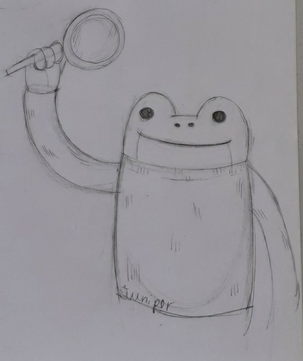 Desenho feito em lápis e papel. O. Desenho mostra um sapo antropomórfico cartonizado com olhos pretos, um leve sorriso e narinas dilatadas. Este sapo usa um suéter enquanto segura uma lupa apontando para cima. No lado direito inferior do suéter do sapo está a assinatura do artista, "Juniper"