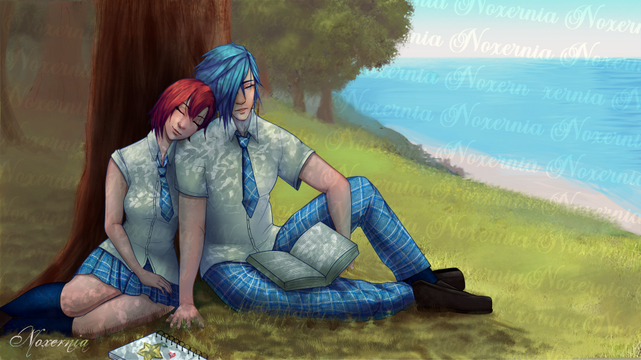 Kairi and Ienzo from Kingdom Hearts in a universe where they attend school together on the islands. Kairi is asleep while Ienzo reads.