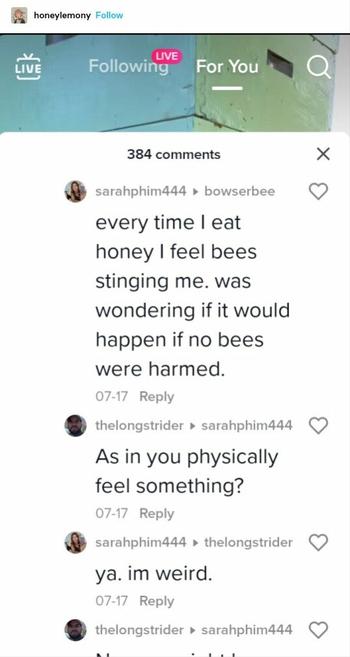 honeylemony: Screenshot of a comments section: 

-every time I eat honey I feel bees stinging me. was wondering if it would happen if no bees were harmed.
-As in you physically feel something
ya. im weird.