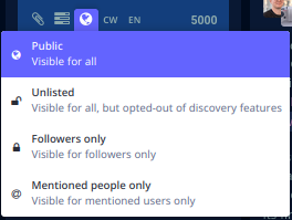 A screengrab of Mastodon's post visibility option.