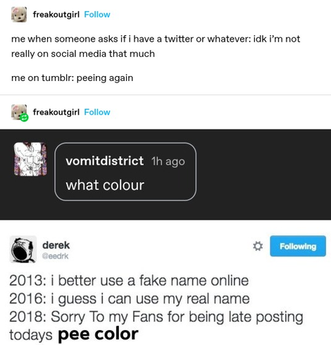 freakoutgirl: 
me when someone asks if i have a twitter or whatever: idk i'm not really on social media that much me on tumblr: peeing again 

vomitdistrict: what colour

freakoutgirl:
Screenshot of a tweet:
 2013: i better use a fake name online 2016: i guess i can use my real name 2018: Sorry To my Fans for being late posting todays pee color
