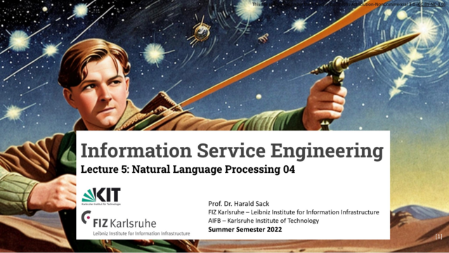 Cover page of lecture 5, Information Service Engineering 2023, NLP part 04. Inspiration for the background picture was the introduction of smoothing to compensate for missing occurrences of potential word sequences in training corpora for language models. Stable Diffusion prompt: "Create a 1930s movie poster depicting a closeup of Robin Hood aiming with his bow and arrow. Robin Hood lives in Sherwood forrest on Mars. We see space ships and contrails in the starry night sky of Mars. "