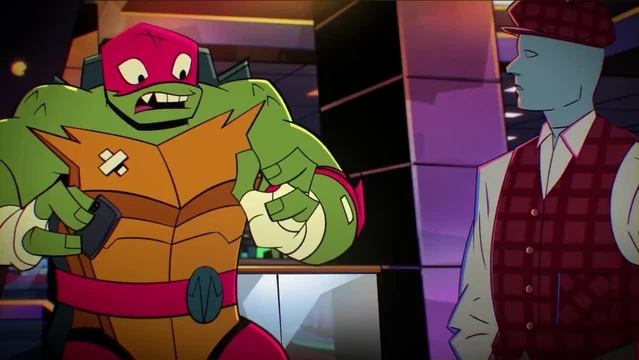 Screenshot from the Rise of the Teenage Mutant Ninja Turtles episode "The Longest Fight". Raphael is startled by a department store mannequin. The mannequin is dressed exactly like Jeff, the department store mannequin who would come to life at night on the 1980s Canadian children's program Today's Special, which aired on Nickelodeon in the US.