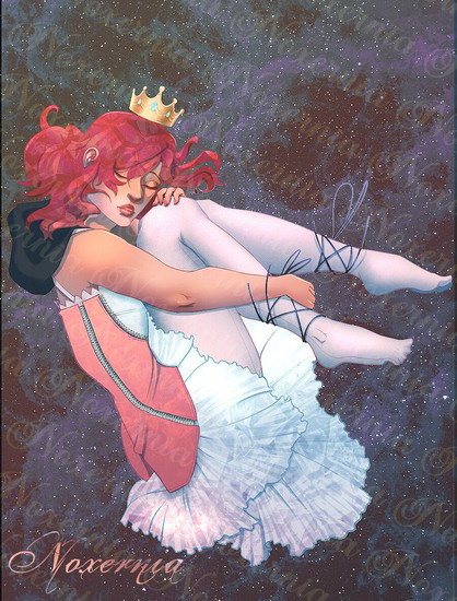 Illustration of Kairi from Kingdom Hearts floating in space hugging her knees, seemingly asleep.