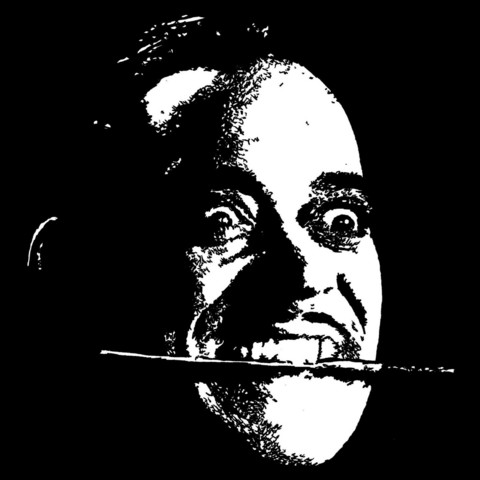 Pen drawing of Raul Julia holding a knife in his mouth smiling drawn on a black background.