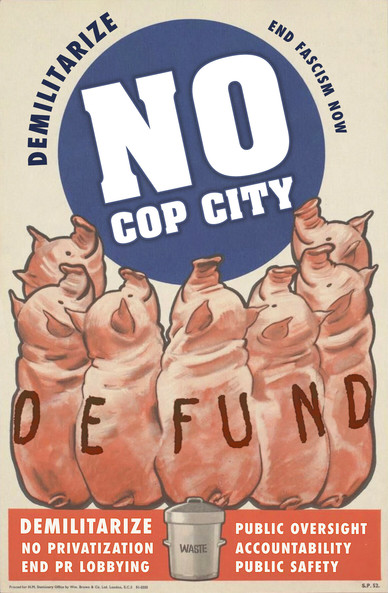 [ID: a revised world war 2 political poster, depicting a row of pigs branded with letters spelling ‘DEFUND.’ 

The smiling pigs view the poster text reading ‘NO Cop City’, ‘Demilitarize’, ‘End Fascism Now’. 

Below the pigs sits a garbage can, marked ‘waste.’ Text to the left of the garbage can reads ‘Demilitarize’, ‘No Privatization’, ‘End PR Lobbying.’ 

Additional text to the right of the garbage can reads ‘Public Oversight’, Accountability’ and ‘Public Safety’]

[creative commons/non-commercial use]