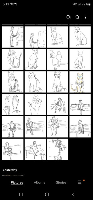 Quick sketches of people sitting on benches, hands, and cats, by someone who is practicing to get better at drawing