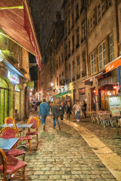 Rue Saint Jean in the Old Lyon district in France, painterly. It is a historical site classified World Heritage by UNESCO