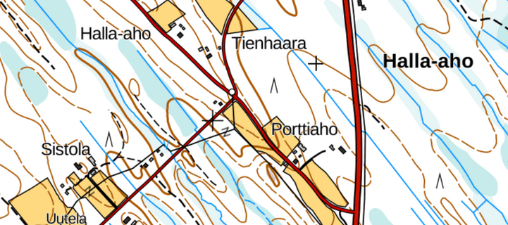 Kuva peruskartasta, jossa on mm. paikannimet Tienhaara ja Halla-aho.