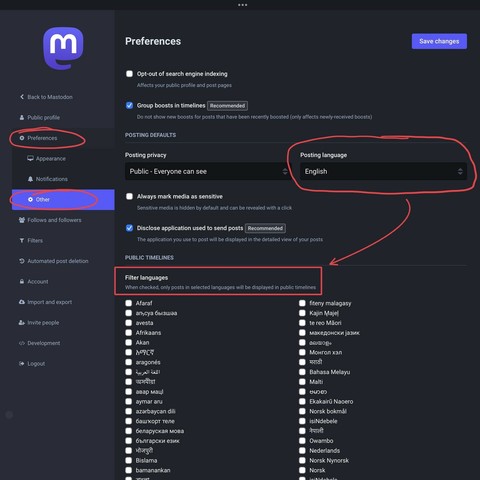 Section Préférences Mastodon, affichant la page Autre. La section Langue de publication est encerclée et une flèche pointe vers la préférence Filtrer les langues.