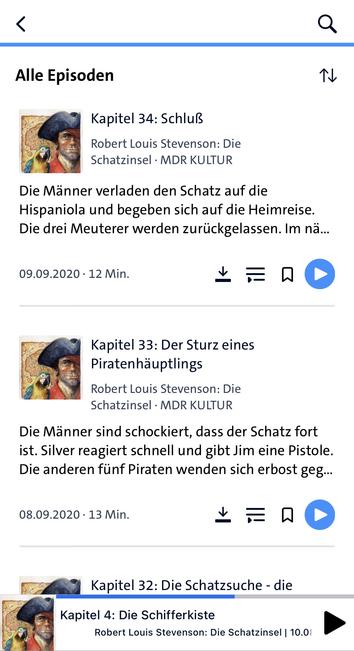 Screenshot der Kapitelübersicht eines Hörbuchs in der ARD-Audiothek. Die Sortierreihenfolge ist so eingestellt, dass das Hörbuch beim letzten Kapitel beginnen und beim ersten aufhören würde.