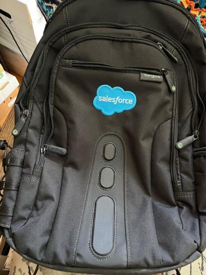 A black technical backpack with a bright blue Salesforce embroidered logo