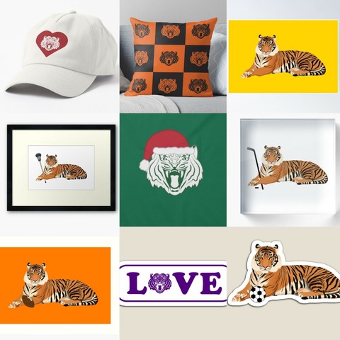 Our tiger mascots are shown solo, playing sports and even a santa tiger on a variety of made to order products.