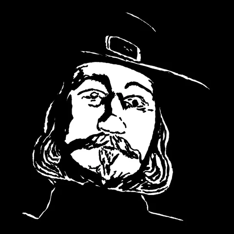 Black and white drawing of someone wearing a creepy John Carver mask and Pilgrim attire drawn on a black background.