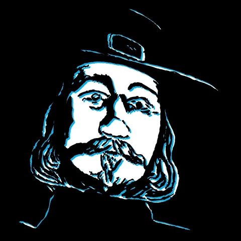 Cyan drawing of someone wearing a creepy John Carver mask and Pilgrim attire drawn on a black background.
