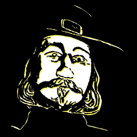 Yellow drawing of someone wearing a creepy John Carver mask and Pilgrim attire drawn on a black background.