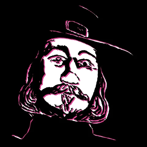 Magenta drawing of someone wearing a creepy John Carver mask and Pilgrim attire drawn on a black background.