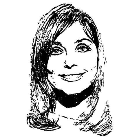 Pen drawing of Sharon Tate smiling on a white background.
