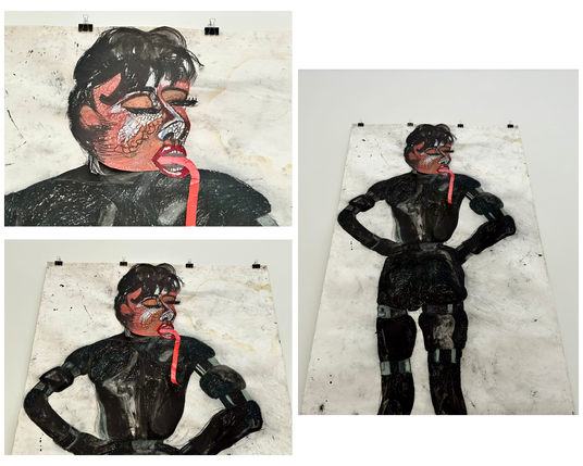 Three cropped images of Charlotte Schleiffert's 'Untitled' (1997) in a collage. The work was made with egg tempera and pastel chalk on paper. In the work, Schleiffert depicts a tall brown-skinned woman with short cropped black hair. The woman is dressed in black from head to toe. She has her eyes closed, and has her tongue out like a snake. Schleiffert gives it a surreal effect by elongating the tongue.
