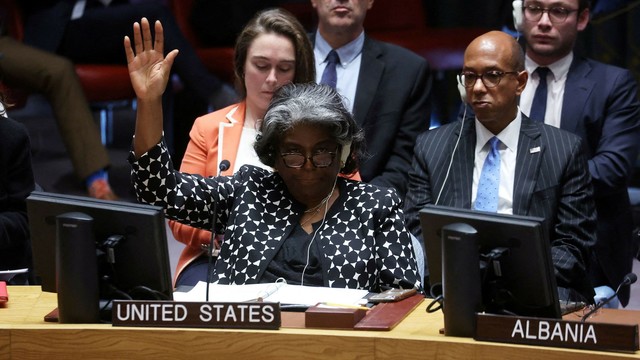 US Ambassador to the United Nations Linda Thomas-Greenfield votes against a draft resolution at the UN Security Council which called for a humanitarian pause in besieged Gaza on Oct 18, 2023.