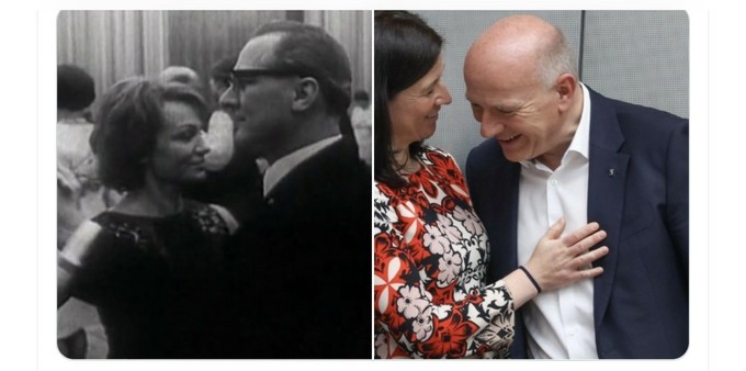 Links stehen Margot Honecker (Volksbildung, DDR) und Erich Honecker (Staatsratsvorsitzender) auf einem Schwarz-Weiß-Foto nebeneinander. Rechts stehen Katharina Günther-Wünsch (Schulsenatorin, Berlin) und Kai Wegener (Regierender Bürgermeister, Berlin) auf einem Farbfoto beisammen.