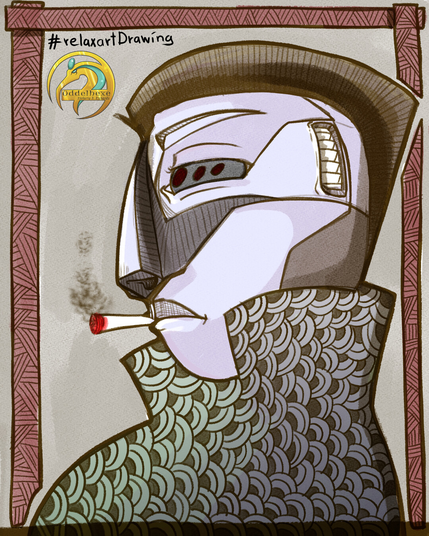 Digital sketch / illustration. A humanoid bust with an eye with three pupils and short hair wearn in a Mawhawk. The ear has a technical form with vents showing. Linewark is simple. Fure seems to wear a jacked with high lapels. The jacked ist not  details but just a outline filled with some ornaments. The figure smokes and looks to the left. Colorscheme is brownish, fading