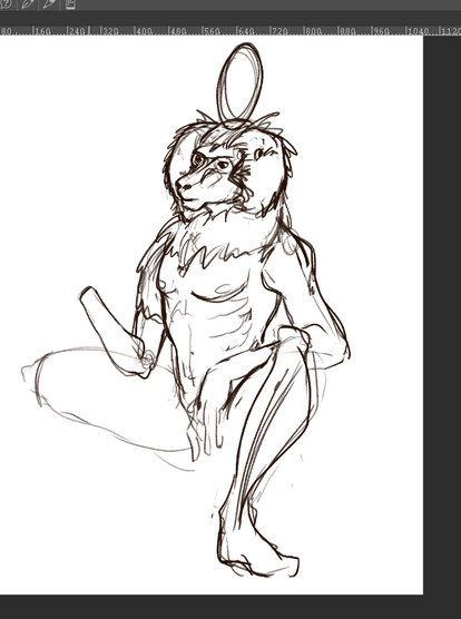 Baboon head on a male, human body. Character is sitting and has one knee up and his hand on the leg. Over his head is a round disk as symbol for the full moon. Sketch is not done and rough.