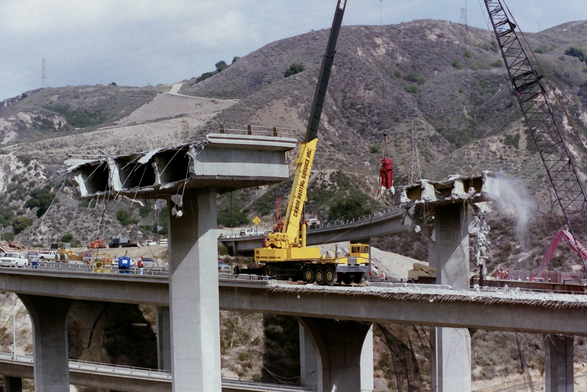 Repairs to a freeway overpass in the aftermath of the January 17, 1994 Northridge earthquake
