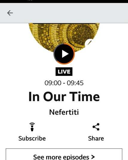 Screenshot of BBC Sounds. "In Our Time" is about to start.