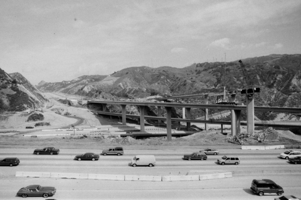 Looking across the Golden State Freeway towards the nearly demolished interchange with the Antelope Valley Freeway in the aftermath of the January 17, 1994 Northridge earthquake